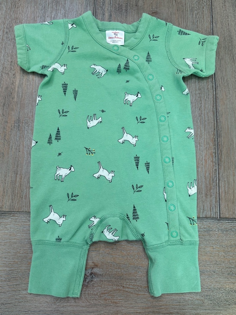 Hanna Andersson Green Graceful Goats Short Sleeve Romper | Size Newborn
